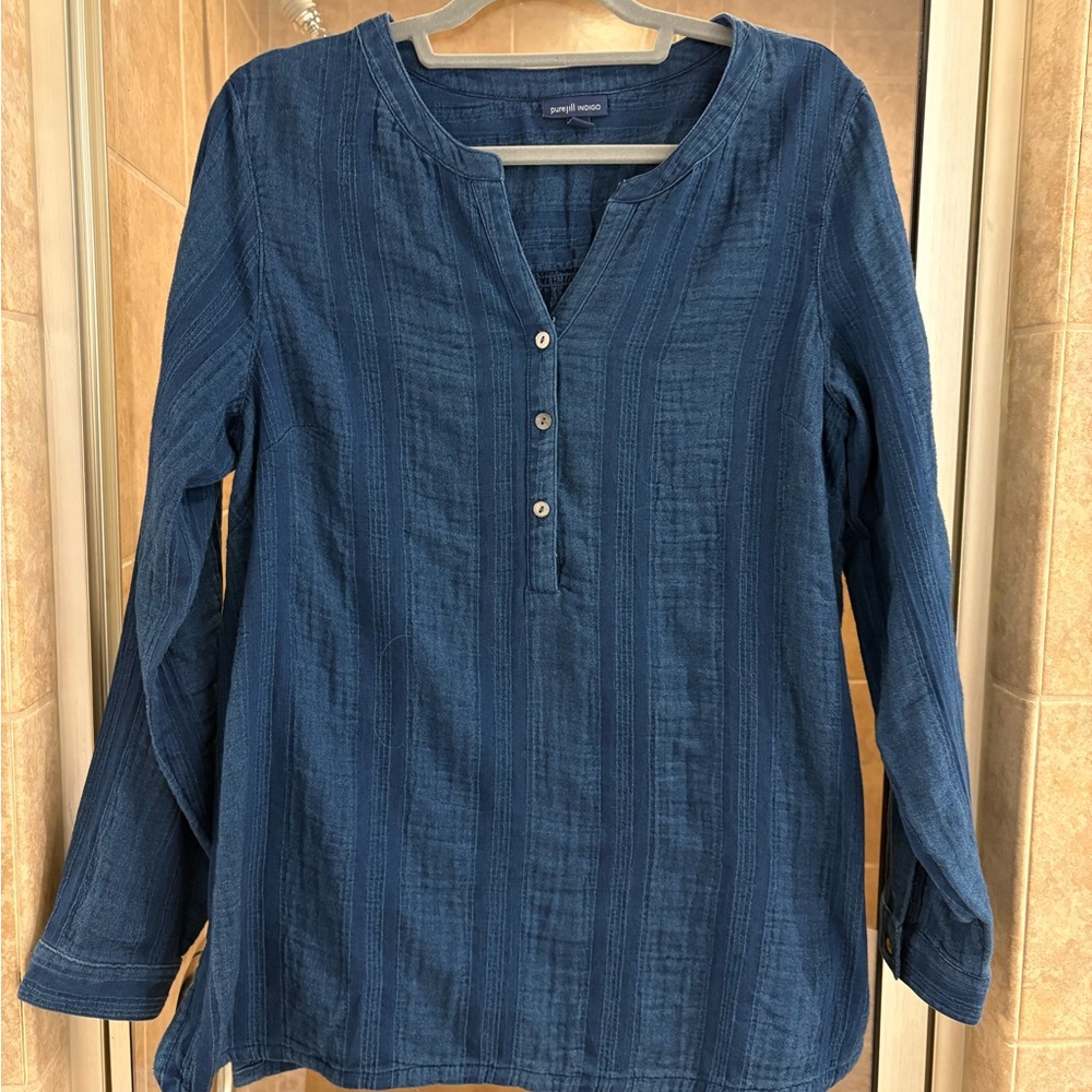 J. Jill Blue Long Sleeve Tunic with Mandarin Collar
